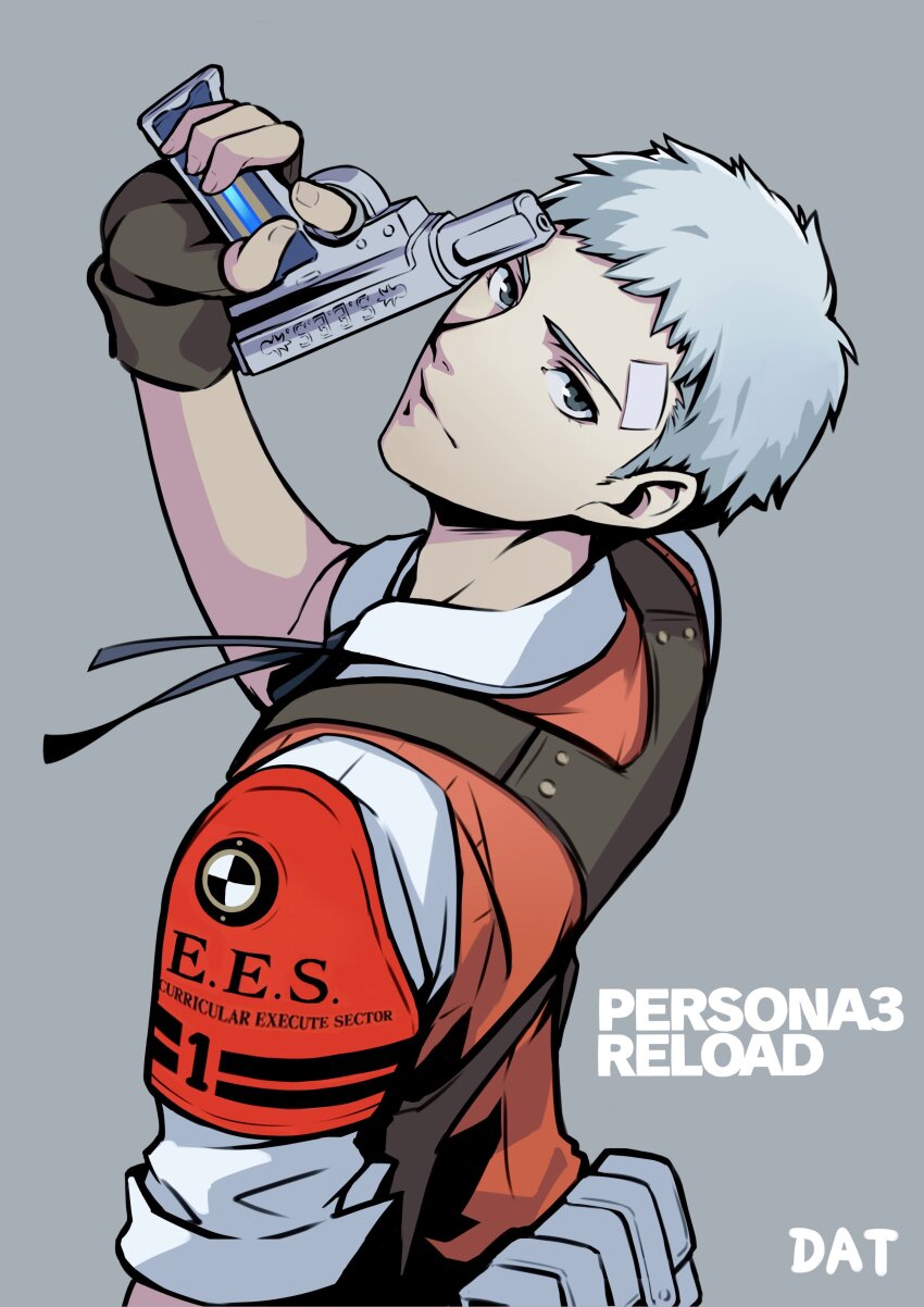 1boy absurdres armband artist_name bandaid bandaid_on_face bandaid_on_forehead birthday black_ribbon closed_mouth collared_shirt commentary copyright_name da-cart english_commentary evoker fingerless_gloves from_behind gloves grey_background grey_eyes grey_hair gun hand_up highres holding holding_gun holding_weapon looking_at_viewer looking_back male_focus neck_ribbon persona persona_3 persona_3_reload red_armband red_sweater_vest ribbon s.e.e.s sanada_akihiko shirt short_hair simple_background solo sweater_vest upper_body weapon white_shirt