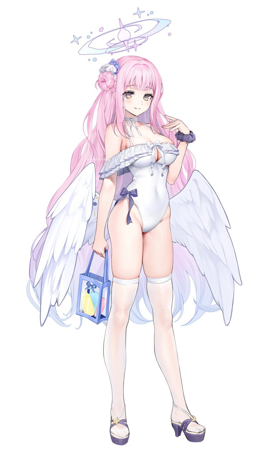 1girl angel_wings bag black_scrunchie blue_archive breasts cleavage cleavage_cutout clothing_cutout covered_navel flower full_body hair_bun hair_flower hair_ornament halo high_heels highres holding holding_bag large_breasts long_hair low_wings mika_(blue_archive) one-piece_swimsuit pink_hair platform_sandals purple_flower rity sandals scrunchie simple_background single_side_bun solo swimsuit thighhighs twitter_username very_long_hair white_background white_one-piece_swimsuit white_thighhighs white_wings wings wrist_scrunchie yellow_eyes