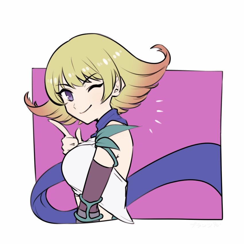 1girl 72kuri blonde_hair blue_scarf crop_top flipped_hair gradient_hair highres kid_icarus kid_icarus_uprising looking_at_viewer multicolored_hair nintendo one_eye_closed phosphora purple_eyes scarf short_hair smile solo upper_body