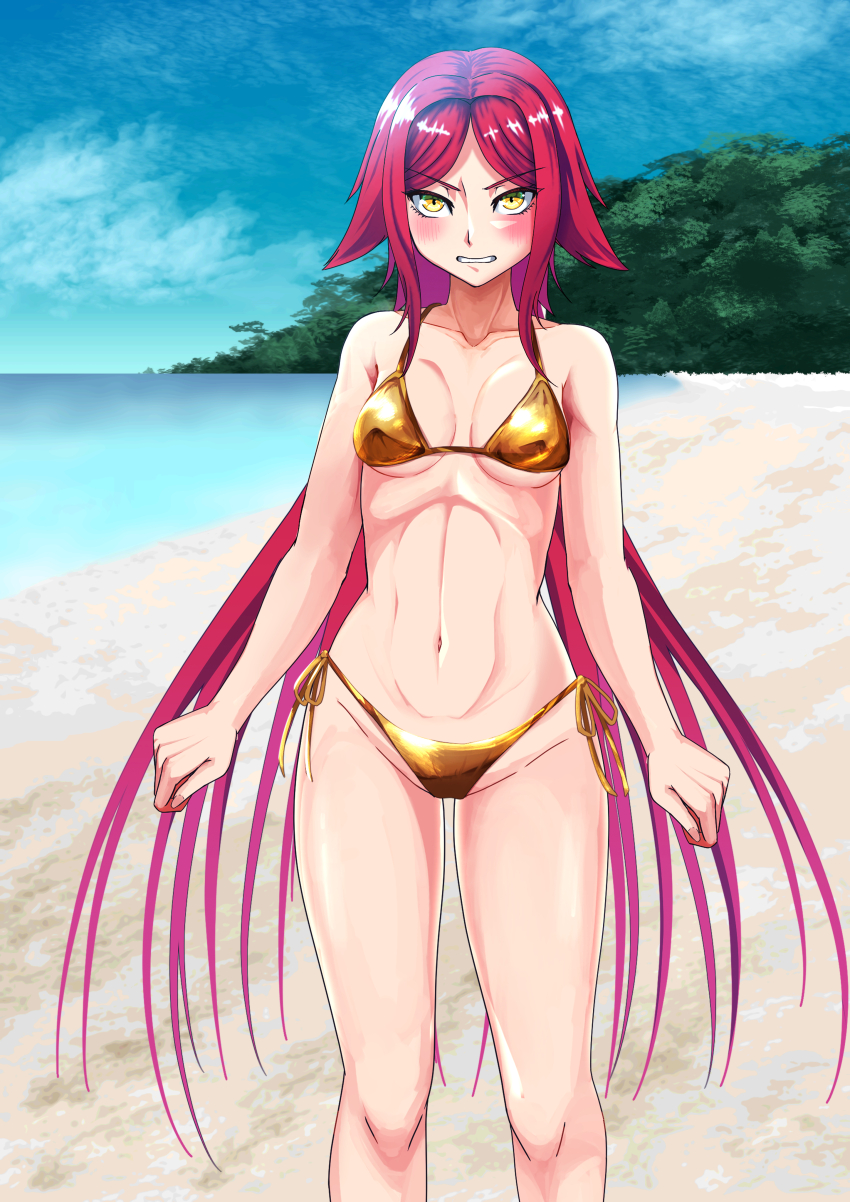 1girl absurdres action_taimanin beach bikini blush breasts clenched_teeth day embarrassed gold_bikini highres long_hair looking_at_viewer navel ocean outdoors parted_bangs pideco red_hair shiny_clothes shiny_skin side-tie_bikini_bottom small_breasts solo standing su_jinlei swimsuit taimanin_(series) teeth water yellow_eyes