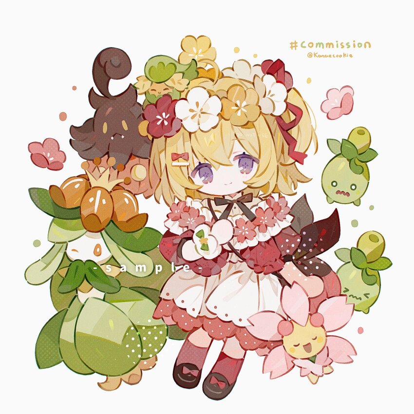 1girl blonde_hair blue_eyes bow bowtie cherrim chibi closed_mouth commission country_lolita creatures_(company) crossed_bangs dress game_freak gen_4_pokemon gen_5_pokemon gen_6_pokemon hair_between_eyes hair_bow head_wreath highres kanae_(cookie) light_smile lilligant lolita_fashion nintendo pokemon pokemon_(creature) pumpkaboo red_bow red_dress red_socks sample_watermark short_twintails smoliv socks twintails two-tone_dress watermark white_background white_dress