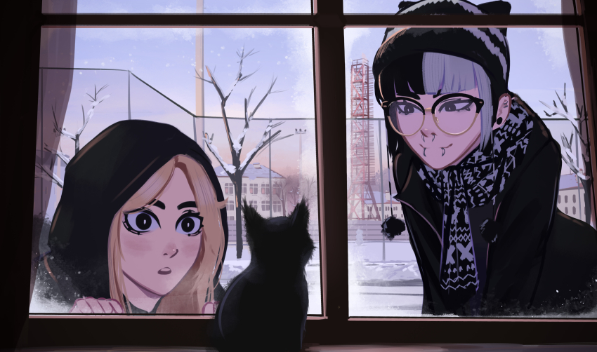 2girls absurdres animal baby_animal bare_tree beanie black_cat black_coat black_eyes black_hair blonde_hair blunt_bangs cat coat cold face_piercing from_inside glasses green_jacket hands_on_own_knees hat highres hood hood_up jacket jessie_(veyonis) kitten leaning_forward lip_piercing long_hair mika_(veyonis) multicolored_hair multiple_girls nose_piercing original outdoors piercing scarf smile snow snowman surprised tree two-tone_hair veyonis wide-eyed window window_frost winter winter_clothes
