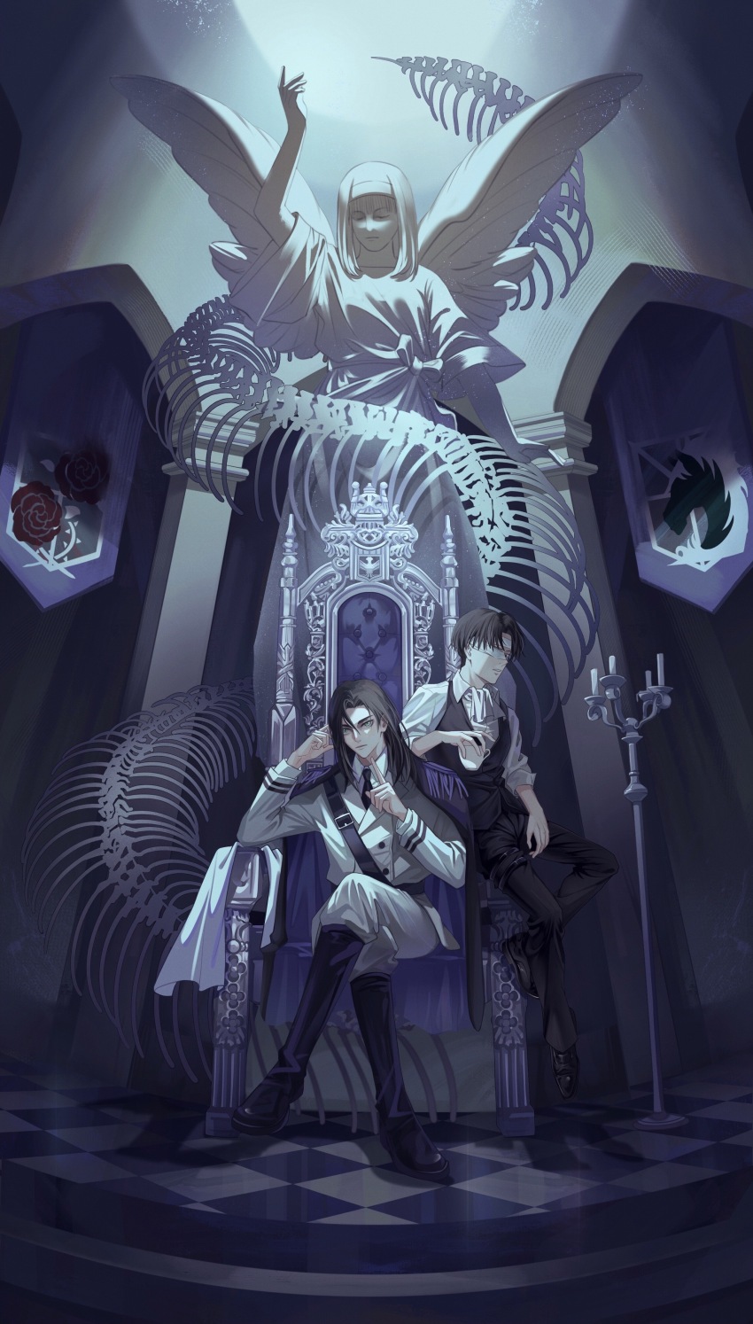 2boys absurdres alternate_costume bandaged_head bandages boots candle coat coat_on_shoulders cup epaulettes eren_yeager finger_to_mouth founding_titan full_body garrison_regiment_(emblem) green_eyes highres holding holding_cup levi_(shingeki_no_kyojin) long_hair looking_ahead military_police_brigade_(emblem) multiple_boys ppttppff ribs shingeki_no_kyojin shushing skeleton statue throne titan_(shingeki_no_kyojin) wings ymir_fritz