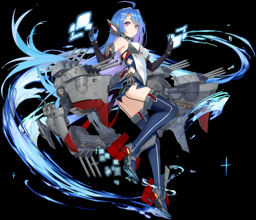 1girl ahoge argyle_clothes argyle_cutout azur_lane bare_shoulders black_gloves blue_hair breasts clothing_cutout dress elbow_gloves female_focus from_side garter_straps gloves hair_ornament helena_(azur_lane) helena_(retrofit)_(azur_lane) highres long_hair looking_at_viewer medium_breasts official_art purple_eyes realmbw retrofit_(azur_lane) skindentation solo taut_clothes taut_dress transparent_background two-tone_dress very_long_hair