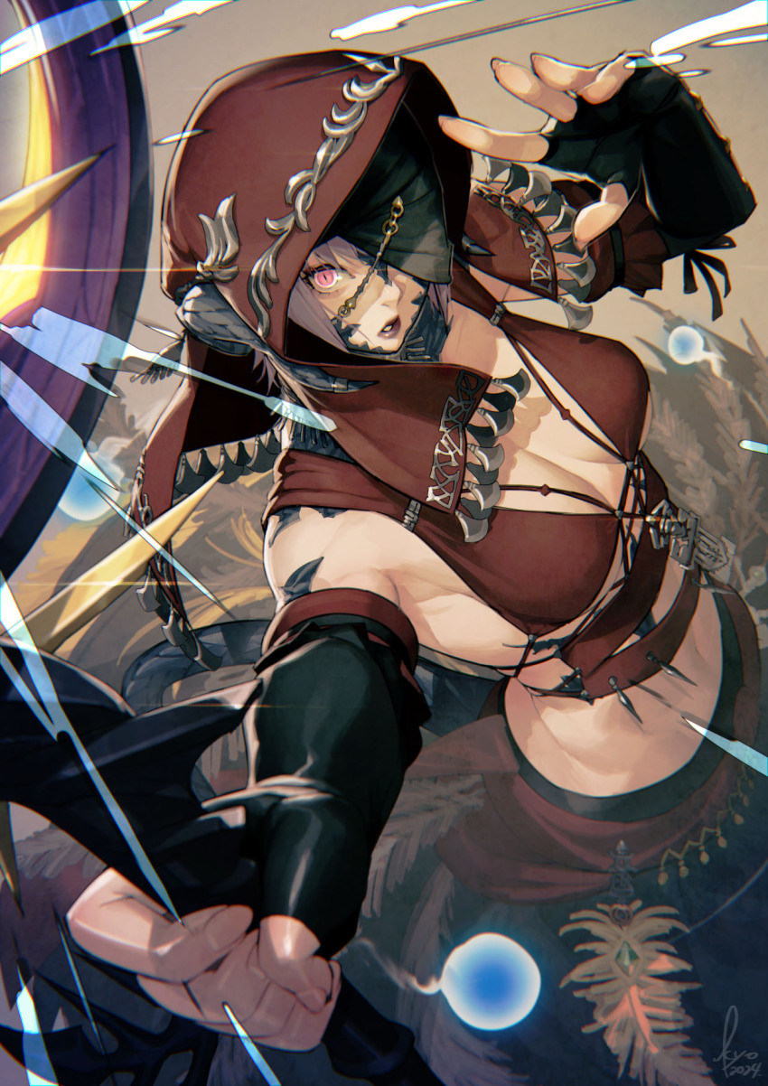 1girl breasts dragon_girl dragon_horns elbow_gloves final_fantasy final_fantasy_xiv fingerless_gloves gloves highres holding holding_staff hood horns kyo_(kuroichigo) midriff parted_lips purple_eyes scales solo staff