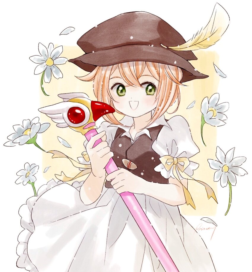 1girl aubz border brown_hat brown_vest cardcaptor_sakura clamp_(circle)_(style) commentary cowboy_shot crossed_bangs crossover daisy_(flower) english_commentary falling_flower falling_petals floating_clothes flower frilled_skirt frills fuuin_no_tsue green_eyes grin hat hat_feather highres holding holding_wand octopath_traveler octopath_traveler_i orange_hair petals puffy_short_sleeves puffy_sleeves ribbon ribbon-trimmed_sleeves ribbon_trim shirt short_hair short_sleeves simple_background skirt smile solo tressa_(octopath_traveler) tressa_colzione vest wand white_border white_shirt white_skirt yellow_background yellow_ribbon
