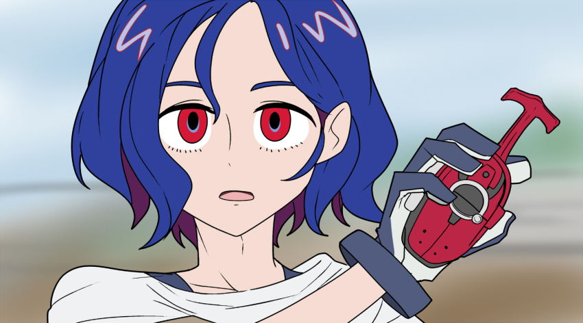 1boy blue_hair crossover gloves gundam gundam_gquuuuuux henshin_pose holding kabuto_zecter kamen_rider kamen_rider_kabuto_(series) looking_at_viewer multicolored_hair nabeiro_kin open_mouth purple_hair red_eyes shirt short_hair shuji_ito solo tokusatsu two-tone_hair white_shirt zooming_in