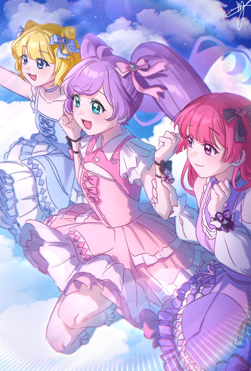 3girls :d arm_up bare_shoulders black_bow blue_bow blue_choker blue_dress blush bow choker clenched_hand cloud cloudy_sky dot_nose double_bun dress floating floating_hair frilled_dress frilled_sleeves frills green_eyes hair_bow hair_bun hands_up highres hojo_sophy holding_another&#039;s_arm idol layered_dress long_hair looking_ahead manaka_laala medium_dress meng_(prism_shining) minami_mirei multiple_girls night night_sky open_mouth outdoors pink_bow pink_dress pink_hair pretty_series pripara purple_dress purple_eyes purple_hair short_hair short_sleeves signature sky smile star_(sky) starry_sky three_quarter_view twintails wrist_bow