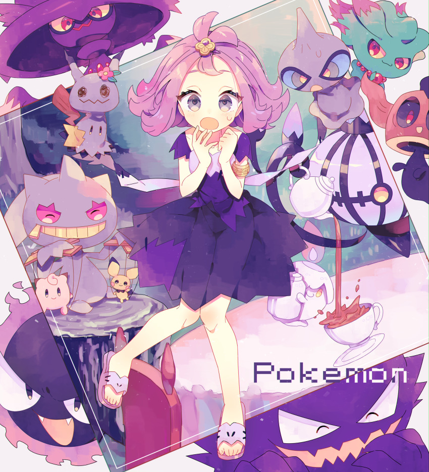 1girl absurdres acerola_(pokemon) chandelure clefairy copyright_name cup dress full_body gastly gen_1_pokemon gen_2_pokemon gen_3_pokemon gen_4_pokemon gen_5_pokemon gen_6_pokemon gen_7_pokemon granulated_sugar grin haunter highres litwick mimikyu misdreavus mismagius nagatsukiariake nintendo open_mouth phantump pichu plate pokemon pokemon_(creature) pokemon_sm pouring puppet puppet_strings purple_dress purple_hair purple_theme sandals short_hair shuppet smile tea teacup teapot tree_stump