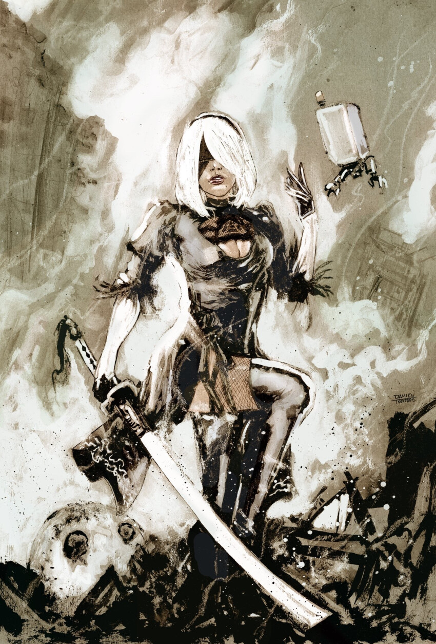 1girl 2b_(nier:automata) black_dress blindfold breasts charcoal_(medium) cleavage damien_torres dress highres holding holding_sword holding_weapon ink ink_(medium) katana long_hair nier:automata nier_(series) pod_(nier:automata) robot sword traditional_media weapon white_hair