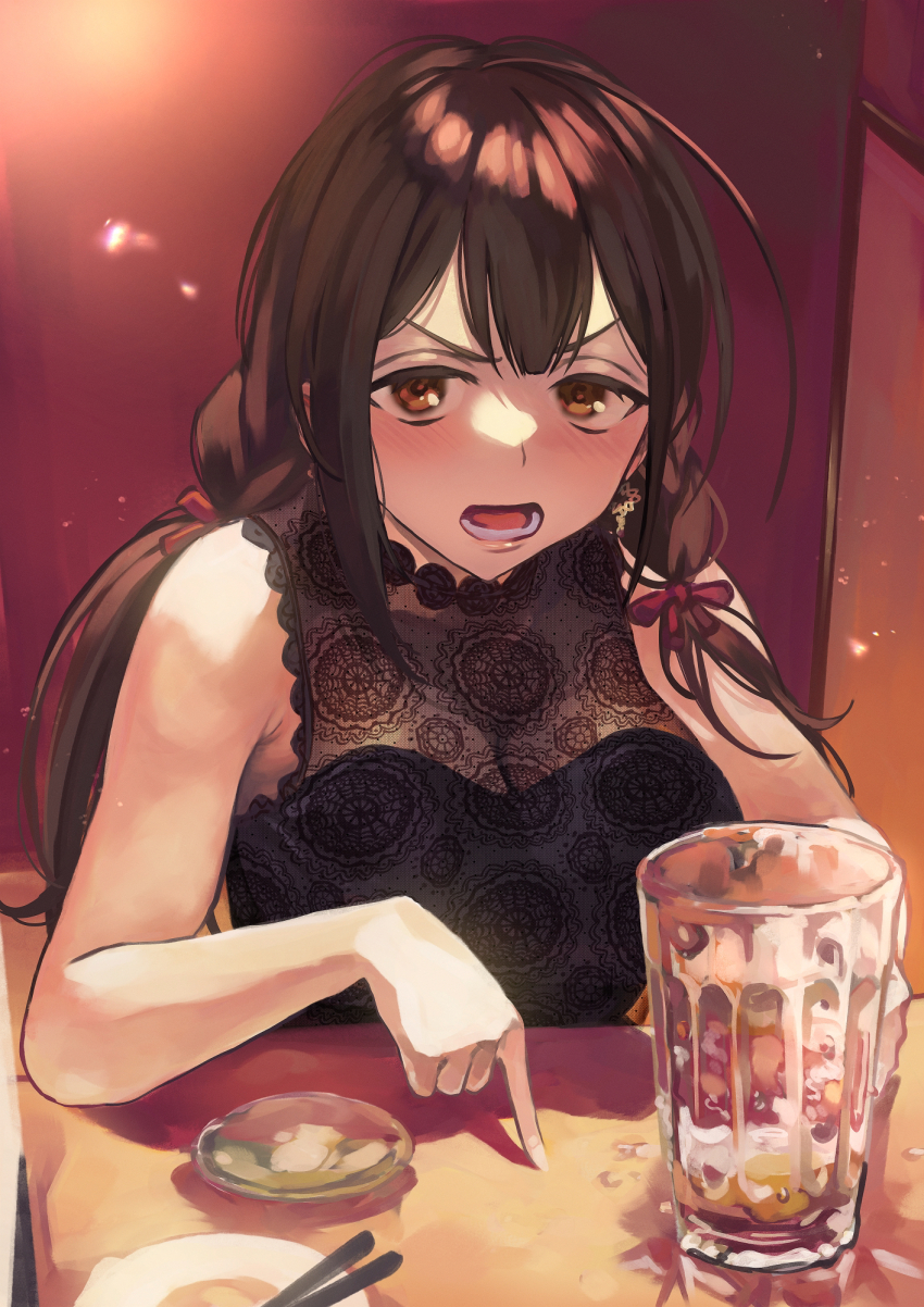 1girl ahoge beer_mug black_shirt blush bow braid breasts brown_hair cleavage cup double-parted_bangs drunk full-face_blush hair_bow highres huge_ahoge idolmaster idolmaster_shiny_colors kuwayama_chiyuki lace lace-trimmed_shirt lace_trim large_breasts long_hair looking_at_viewer mug open_mouth otsudou red_bow restaurant see-through_cleavage see-through_clothes see-through_shirt shirt sleeveless sleeveless_shirt solo table upper_body v-shaped_eyebrows