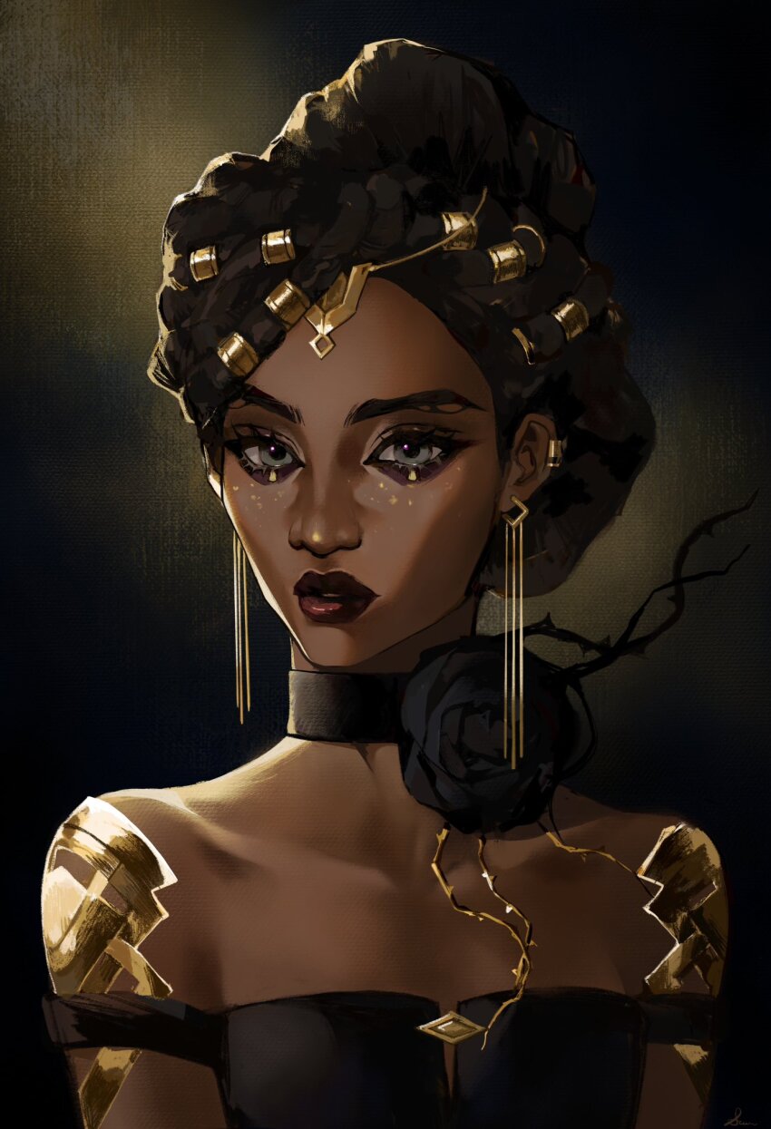 1girl arcane:_league_of_legends black_choker black_hair breasts choker dark-skinned_female dark_skin ear_piercing earrings gold_earrings gold_hair_tie gold_tiara grey_eyes hair_bun highres jewelry league_of_legends looking_at_viewer mel_medarda parted_lips piercing rerebrace simple_background small_breasts sumi_(suumiko_) thorns two-tone_background upper_body