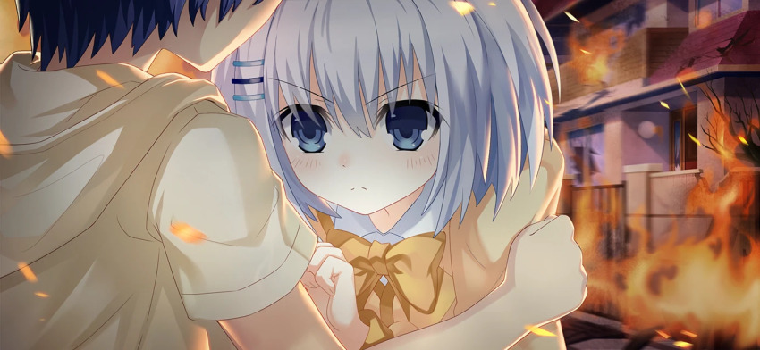 1boy 1girl aged_down blue_eyes blue_hair bow bowtie date_a_live date_a_live:_spirit_pledge fiery_background fire game_cg hair_ornament hood hoodie house itsuka_shido official_art shirt short_hair short_sleeves third-party_source tobiichi_origami v-shaped_eyebrows white_hair