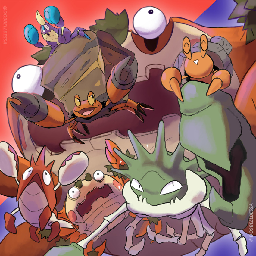 alternate_color blue_background bulging_eyes corphish crab crabrawler crustle do9bessa dwebble eye_pop gen_1_pokemon gen_3_pokemon gen_5_pokemon gen_7_pokemon highres kingler klawf nintendo no_humans open_mouth orange_background pokemon pokemon_(creature) shiny_pokemon titan_pokemon