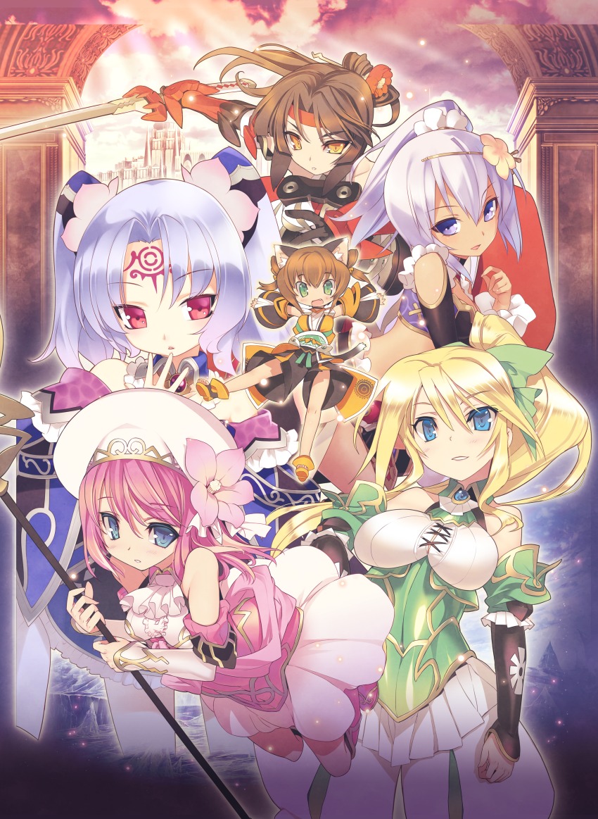 6+girls absurdres agarest_senki_(series) agarest_senki_mariage animal_ears armor blade_(galaxist) blonde_hair blue_eyes blush breasts brown_hair cat_ears facial_mark farsia_(agarest_senki) flower gloves green_eyes hair_ornament hat highres huge_filesize jiolet kunka large_breasts light_purple_hair long_hair multiple_girls official_art open_mouth paninya_(agarest_senki) piadina pink_hair ponytail red_eyes saika_(agarest_senki) short_hair skirt staff sword twintails weapon
