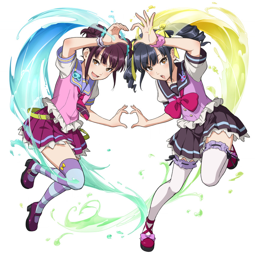 2girls four-finger_heart_hands black_hair black_skirt bow brown_eyes double_bun drill_hair footwear_bow game_cg hair_bow hair_bun heart heart_hands heart_hands_duo highres kandagawa_jet_girls looking_at_viewer lower_teeth_only mary_janes multiple_girls naruko_hanaharu necktie non-web_source official_art open_mouth pan_dina pan_ziyu pink_bow pink_scrunchie pleated_skirt purple_hair purple_sailor_collar purple_shoes purple_skirt red_necktie red_shoes ribbon-trimmed_thighhighs ribbon_trim sailor_collar school_uniform scrunchie shoes short_sleeves siblings sidelocks simple_background single_wrist_cuff sisters skirt smile standing standing_on_one_leg striped_clothes striped_thighhighs teeth thighhighs transparent_background twins twintails upper_teeth_only wrist_cuffs wrist_scrunchie yellow_bow zettai_ryouiki