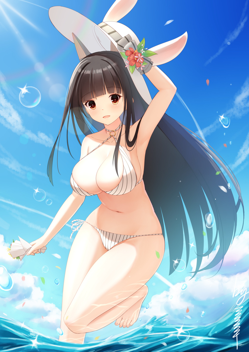 1girl akagi_(warship_girls_r) animal_ears bad_id bad_pixiv_id bare_legs bikini black_hair blue_sky blunt_bangs bouquet breasts bubble cleavage cloud collarbone commentary_request feet flower fox_ears hat hat_flower hat_ribbon highres hime_cut holding holding_bouquet laoan large_breasts legs long_hair navel o-ring ocean petals red_eyes ribbon signature sky solo sparkle standing standing_on_one_leg striped_bikini striped_clothes sun sun_hat sunlight swimsuit vertical_stripes warship_girls_r water white_bikini