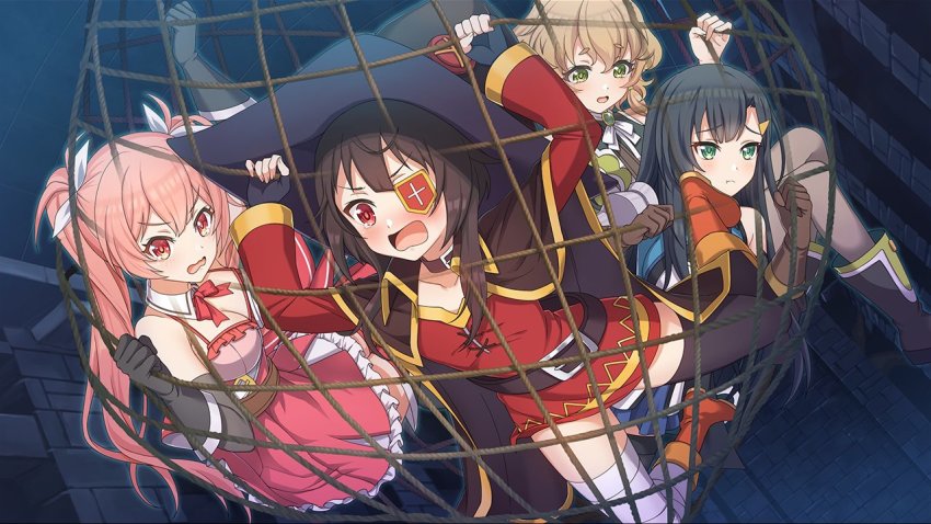 4girls bandages black_hair blonde_hair blush cape cielo_(konosuba) dress erika_(konosuba) fingerless_gloves gloves green_eyes hair_ornament hairclip hat kono_subarashii_sekai_ni_shukufuku_wo! konosuba!_fantastic_days lia_(konosuba) long_hair looking_at_viewer megumin multiple_girls net official_art open_mouth orange_eyes pink_hair red_eyes short_hair thighhighs twintails witch_hat