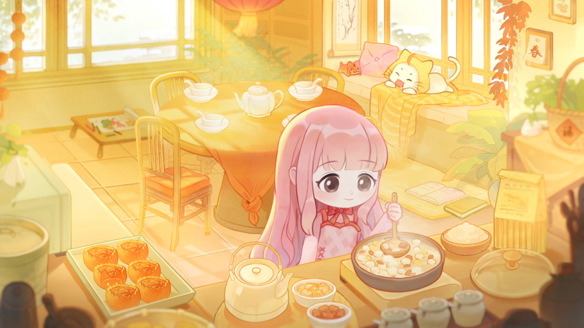 1girl ^_^ absurdres ahoge animal artist_request bamboo_steamer basket blunt_bangs book bow bowl bowtie brown_eyes calendar_(object) carpet cat chibi child&#039;s_drawing chinese_new_year closed_eyes closed_mouth clothed_animal colored_pencil cooking cooking_oil cutting_board day dot_nose dress dress_ribbon ear_covers eyelashes flour food food_request frilled_sleeves frills happy highres holding holding_spoon hood hood_up indoors kettle kitchen ladle lantern lettuce lid light_blush light_particles light_rays long_hair long_sleeves looking_at_food lying momo_(nikki) nikki_(nikki) nikki_(series) official_art on_stomach open_book open_mouth paper_lantern pencil photo_(object) picture_frame pinafore_dress pink_dress pink_hair plaid_clothes plaid_dress plant potted_plant red_bow red_bowtie red_ribbon ribbon rice saucer second-party_source shining_nikki shirt sidelocks sleeveless sleeveless_dress smile spoon sunlight table tareme teapot tile_floor tiles tray very_long_hair wavy_hair whiskers white_cat white_shirt yellow_hood