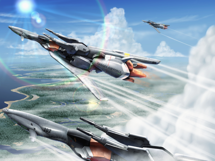 aeug beach beam_cannon cloud commentary_request english_text fleet flying forest gundam gundam_sentinel lens_flare machinery mecha mecha_focus mobile_suit nature ocean robot science_fiction soichi_nagayuki sun thrusters water wave_rider zeta_plus