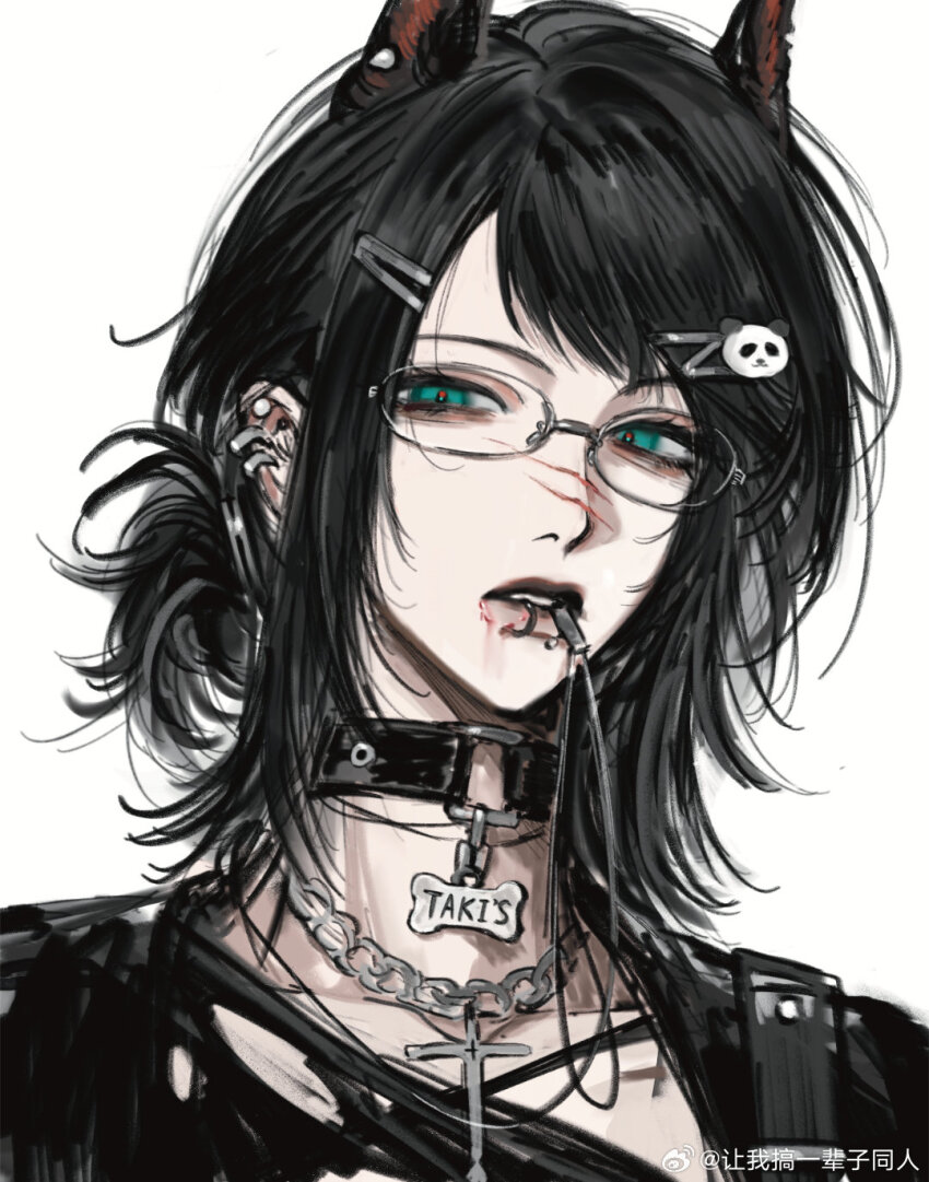 1girl animal_ears bang_dream! bang_dream!_it&#039;s_mygo!!!!! bite_mark_on_lip black_choker blue_eyes chinese_commentary choker commentary_request cross cross_necklace ear_piercing face_piercing glasses hair_ornament hairclip highres implied_yuri jewelry kemonomimi_mode lip_piercing looking_at_viewer necklace o-ring o-ring_choker panda_hair_ornament piercing scratches simple_background siy_(shengxiu760722) solo upper_body watermark weibo_watermark white_background wolf_ears yahata_umiri