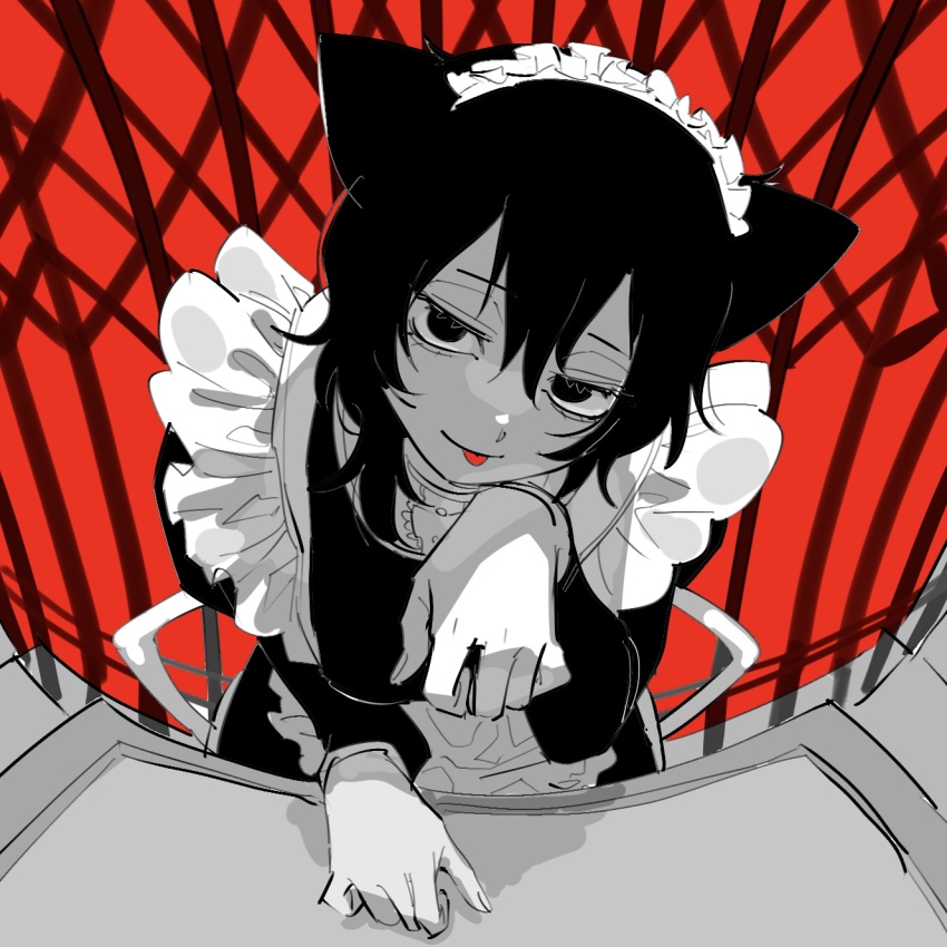 1girl animal_ears apron bow cat_ears chikyuu_no_ura_(cevio) elevator elevator_door fisheye frilled_apron frills greyscale hair_between_eyes hair_over_shoulder half-closed_eyes head_tilt highres juliet_sleeves leaning_forward long_sleeves looking_at_viewer maid maid_apron maid_headdress medium_hair monochrome nattuiuriowari paw_pose puffy_sleeves red_theme solid_eyes solo spot_color table tongue tongue_out upper_body waist_bow