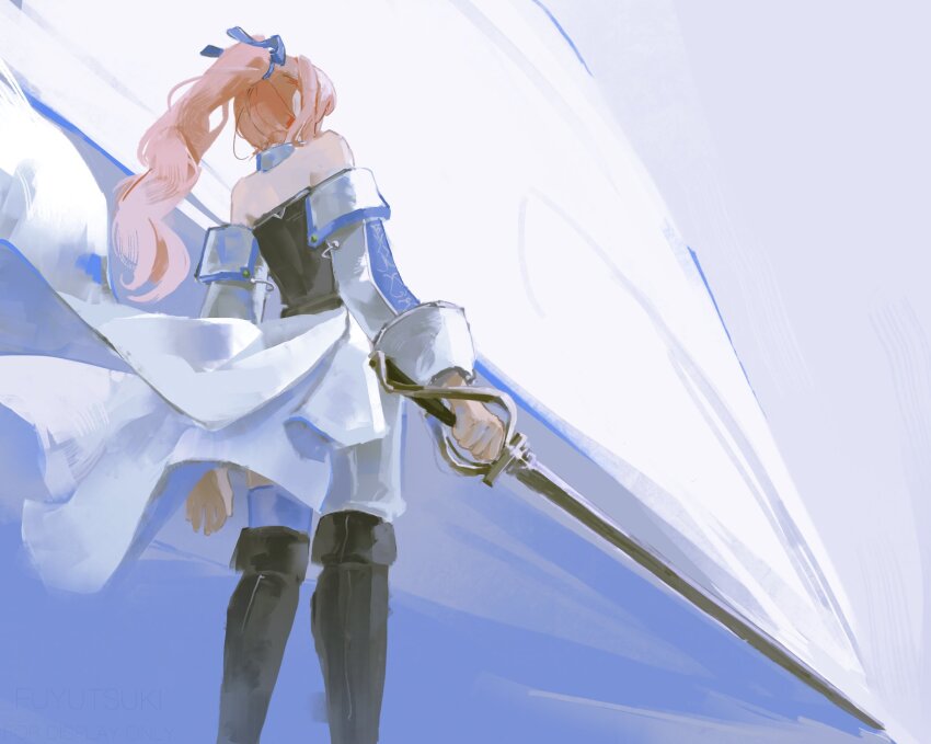 1other akiyama_mizuki arm_at_side asymmetrical_clothes bare_shoulders black_boots black_shirt blue_background blue_collar blue_ribbon blue_sleeves blue_thighhighs boots cape collar commentary detached_sleeves english_commentary feet_out_of_frame from_behind fuyutsuki11 hair_ribbon high_ponytail highres holding holding_sword holding_weapon kaitou_shinshi_no_harahara!?_white_day_(project_sekai) knight long_hair long_sleeves official_alternate_costume official_alternate_hairstyle pants pants_tucked_in pink_hair ponytail project_sekai ribbon shirt single_pantsleg single_thighhigh solo standing strapless strapless_shirt sword thighhighs two-tone_sleeves waist_cape weapon white_background white_cape white_pants white_sleeves