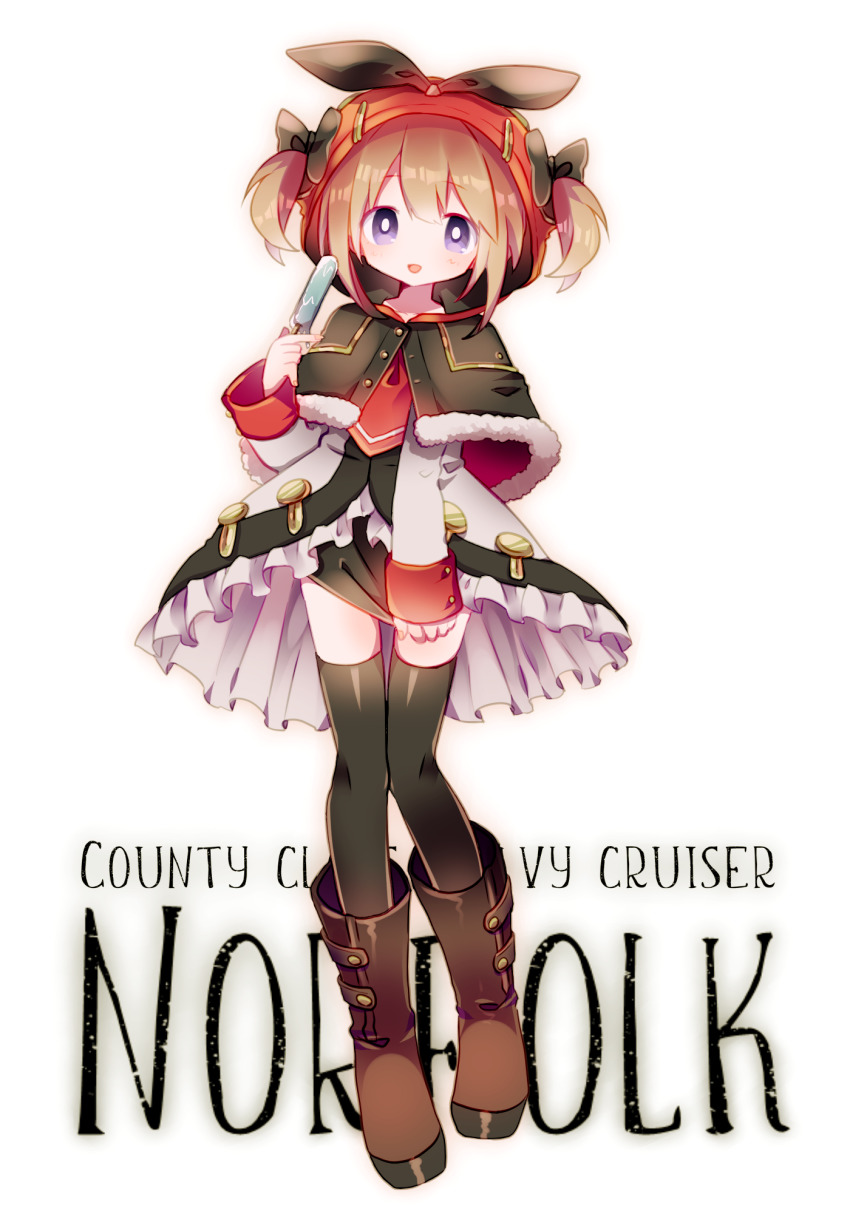 1girl :d azur_lane black_bow black_thighhighs boots bow brown_boots food frills full_body hair_bow highres holding holding_food hood light_brown_hair norfolk_(azur_lane) open_mouth popsicle short_twintails smile socks solo thighhighs twintails usagi_nui