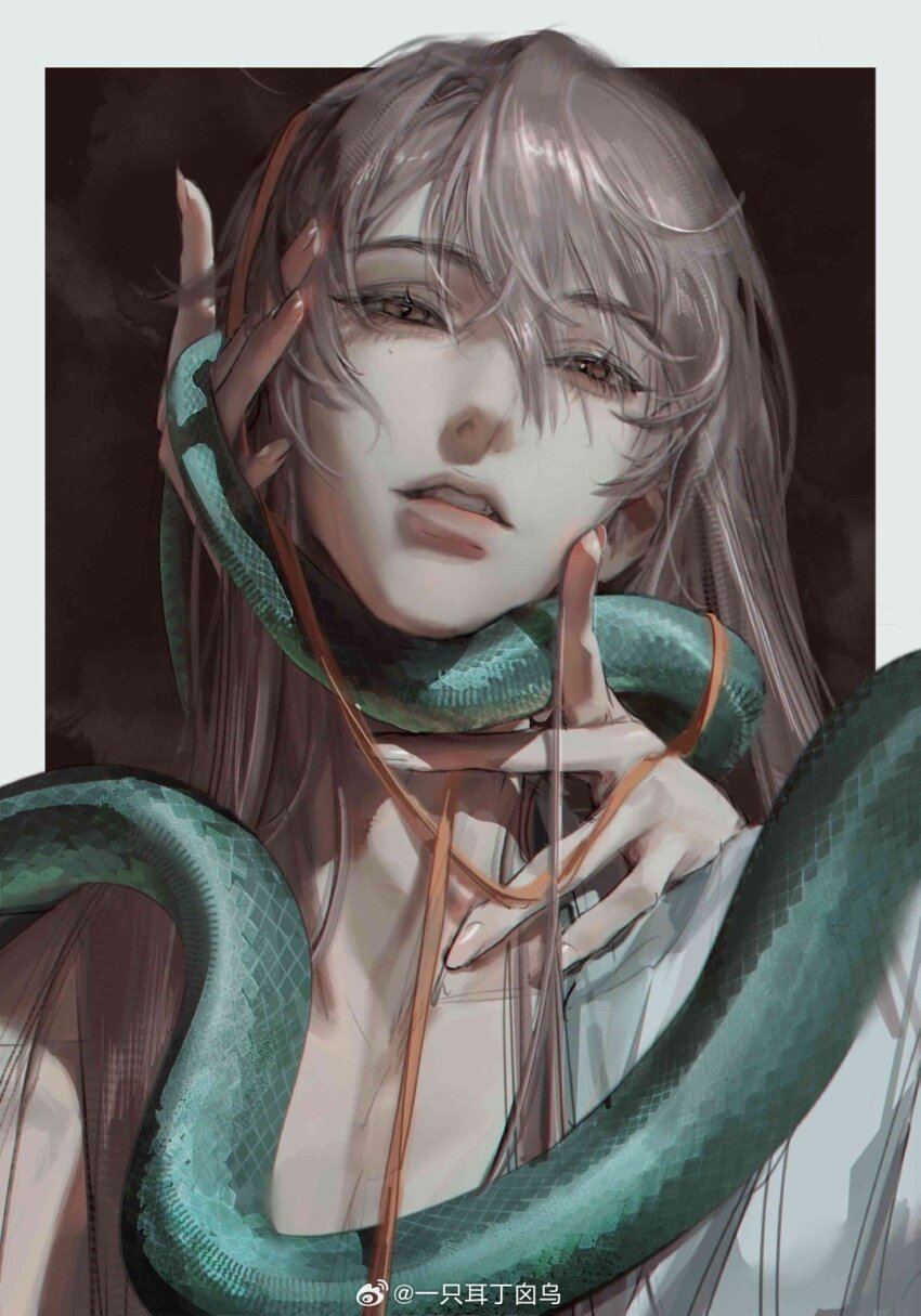 1boy border brown_hair clenched_teeth code:_kite fingernails hand_on_another&#039;s_face hand_on_another&#039;s_neck highres long_fingernails long_hair looking_at_viewer male_focus mole mole_under_eye open_clothes out_of_frame robe snake solo string teeth upper_body watermark weibo_watermark white_border white_robe yellow_eyes yi_zhi_er_ding_xin_wu yuan_ji_(code:_kite)