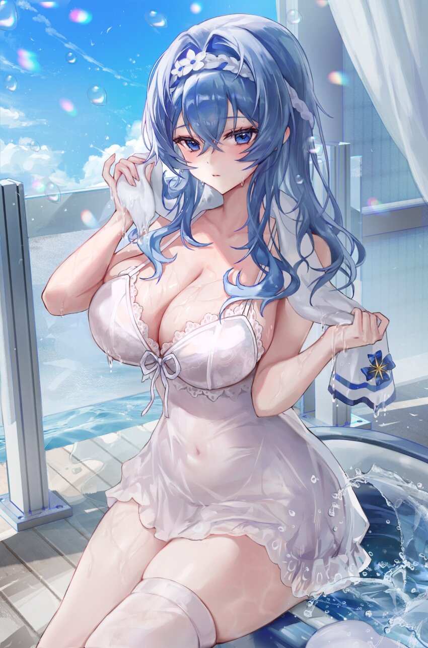 1girl air_bubble blue_eyes blue_hair blue_sky blush breasts bubble cleavage closed_mouth cloud covered_navel crossed_bangs goddess_of_victory:_nikke helm_(nikke) highres indoors large_breasts long_hair looking_at_viewer r0_0ong single_thighhigh sitting sky solo thighhighs wet wet_clothes wet_hair white_thighhighs
