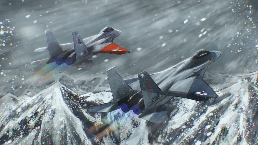 absurdres ace_combat ace_combat_zero aircraft airplane cipher_(ace_combat) commentary_request day exhaust f-15_eagle fighter_jet flying highres larry_foulke military military_vehicle mountain outdoors shinji_(shinjisq) snow snowing vehicle_focus