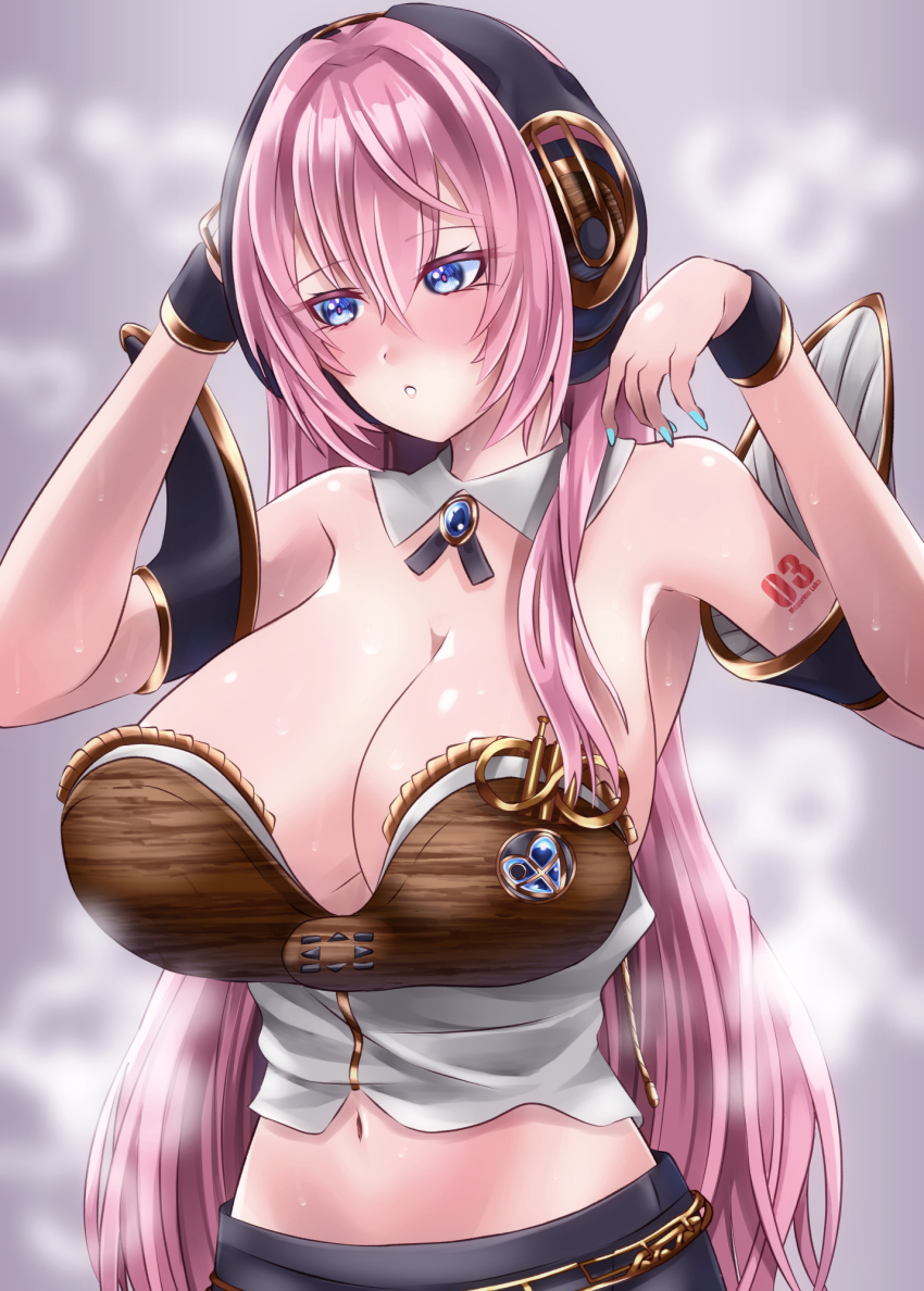 1girl aqua_nails black_skirt blush bra breasts brown_bra cleavage collar detached_collar fingernails fuyuki_jun highres huge_breasts long_hair megurine_luka megurine_luka_(vocaloid4) multicolored_hair nail_polish navel number_tattoo pink_hair purple_eyes shirt skirt solo stomach sweat tattoo two-tone_hair underwear vocaloid white_collar white_shirt