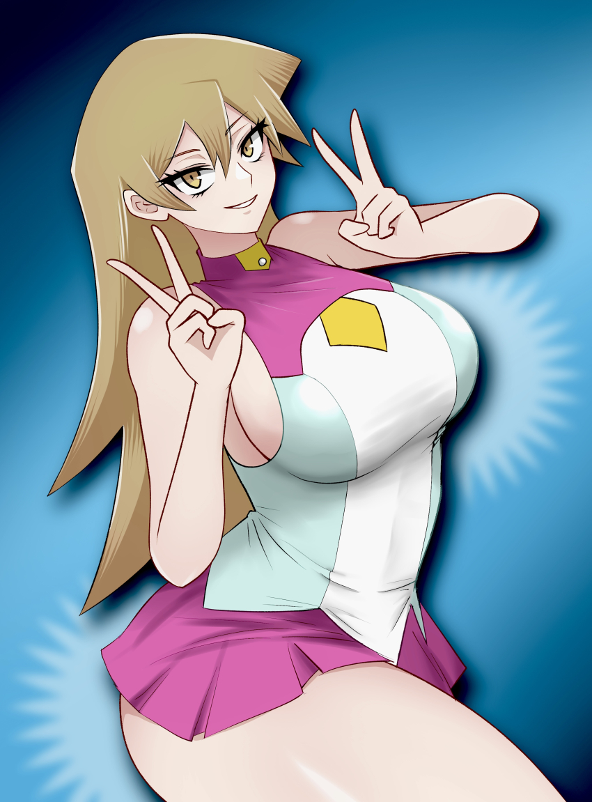 1girl absurdres ageage_893 blonde_hair blue_background breasts cosplay double_v highres large_breasts long_hair looking_at_viewer mizuki_kotori_(yu-gi-oh!) mizuki_kotori_(yu-gi-oh!)_(cosplay) parted_lips pink_skirt pleated_skirt sideboob skirt smile solo tenjouin_asuka thick_thighs thighs v yellow_eyes yu-gi-oh! yu-gi-oh!_gx yu-gi-oh!_zexal