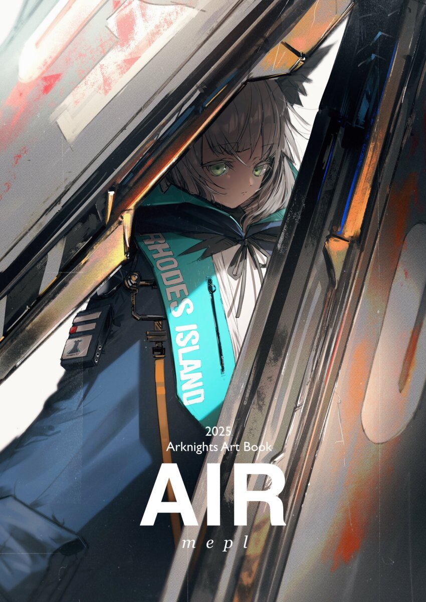 1girl animal_ears arknights artist_name black_ribbon blue_coat cat_ears closed_mouth coat copyright_name english_text floating floating_object green_eyes grey_hair highres hood hood_down hooded_coat long_hair looking_at_viewer open_clothes open_coat pouch pppmepl ribbon rosmontis_(arknights) shirt solo upper_body white_shirt