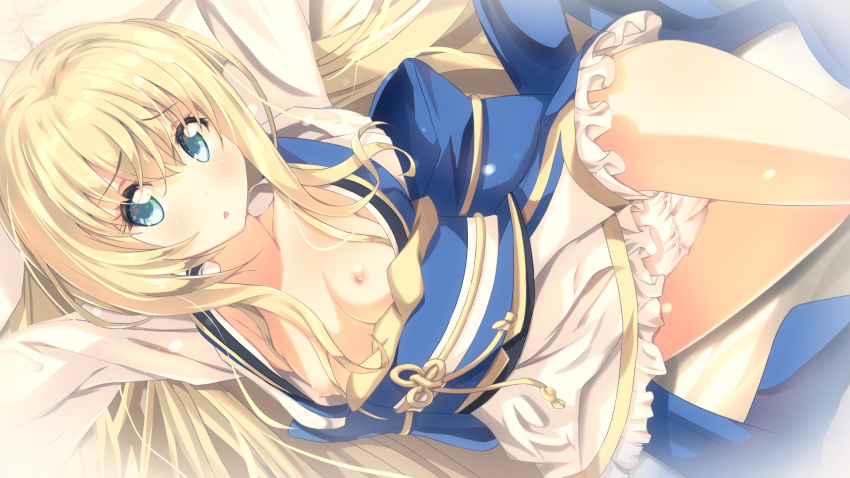 1girl blonde_hair blue_eyes breasts breasts_out commentary_request gc3 goblin_slayer! highres japanese_clothes kimono long_hair lying nipples on_side panties priestess_(goblin_slayer!) small_breasts solo thighs underwear very_long_hair white_kimono white_panties