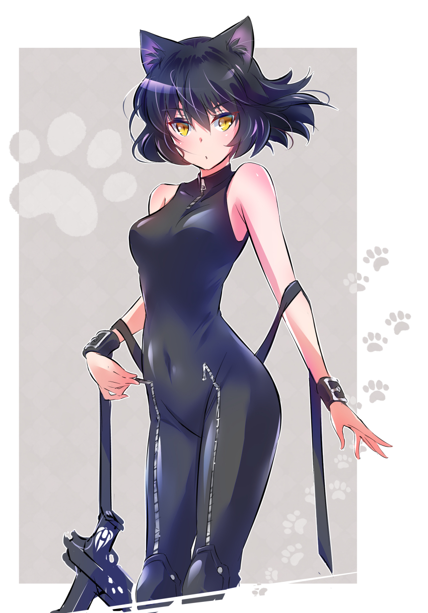 1girl :o absurdres animal_ears bare_shoulders black_hair blake_belladonna bodysuit border breasts cat_ears combination_weapon commentary_request covered_navel cropped_legs floating_hair gambol_shroud highres iesupa knee_pads medium_breasts paw_print paw_print_background pistol_sword ribbon rwby short_hair sleeveless slit_pupils solo weapon white_border wristband yellow_eyes zipper