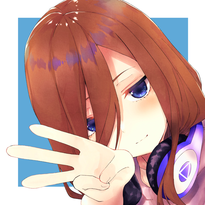 1girl absurdres blue_background blue_eyes brown_hair closed_mouth commentary counting finger_counting go-toubun_no_hanayome hair_between_eyes headphones headphones_around_neck highres long_hair long_hair_between_eyes looking_at_viewer mochimentai nakano_miku portrait solo two-tone_background white_background