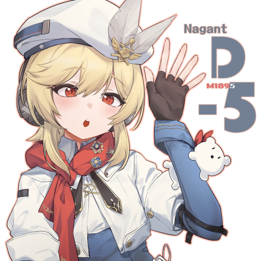 aningay beret blonde_hair blush brown_gloves commentary english_commentary english_text fingerless_gloves girls&#039;_frontline girls&#039;_frontline_2:_exilium gloves hat hat_feather headphones highres looking_at_viewer medal nagant_(girls&#039;_frontline_2) nagant_revolver_(girls&#039;_frontline) open_mouth orange_eyes red_scarf scarf simple_background teeth upper_body upper_teeth_only white_background white_hat