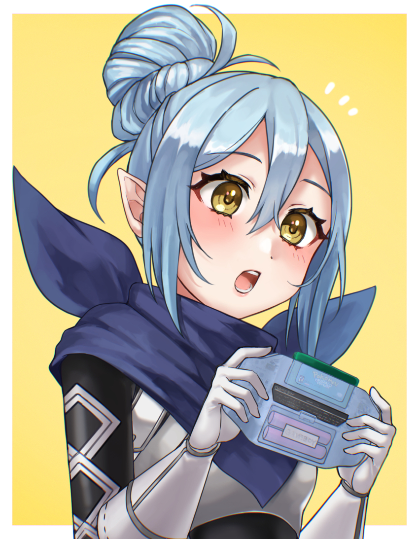 1girl :o armor blue_hair blue_scarf blush border commentary_request fire_emblem fire_emblem_fates game_boy_advance gloves grey_gloves hair_bun handheld_game_console hazuki_(nyorosuke) highres female_kana_(fire_emblem) nintendo open_mouth outside_border playing_games pointy_ears pokemon pokemon_rse scarf short_hair simple_background single_hair_bun solo white_border yellow_background yellow_eyes
