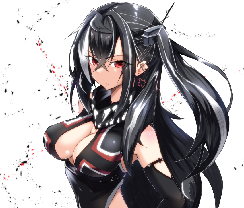 1girl azur_lane black_hair black_one-piece_swimsuit breasts center_opening cross cross_earrings crossed_bangs earrings highres jewelry long_hair looking_at_viewer medium_breasts multicolored_hair one-piece_swimsuit red_eyes simple_background solo streaked_hair swimsuit tenteru two-tone_hair u-47_(azur_lane) upper_body white_background white_hair