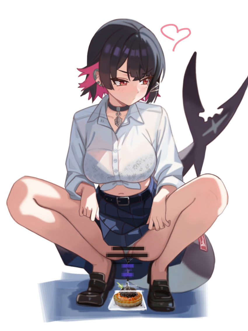 1girl absurdres bad_id bad_pixiv_id bar_censor black_choker black_hair blue_skirt bra_visible_through_clothes breasts cake caviar censored choker clothing_aside commentary_request egg egg_laying ellen_joe ellen_joe_(on_campus) fins fish_eggs fish_tail food highres large_breasts looking_to_the_side mosaic_censoring multicolored_hair official_alternate_costume panties panties_aside red_eyes red_hair rehu_(astd5787) roe shark_girl shark_tail shirt short_hair simple_background skirt squatting tail thighs two-tone_hair underwear valentine white_background white_panties white_shirt zenless_zone_zero