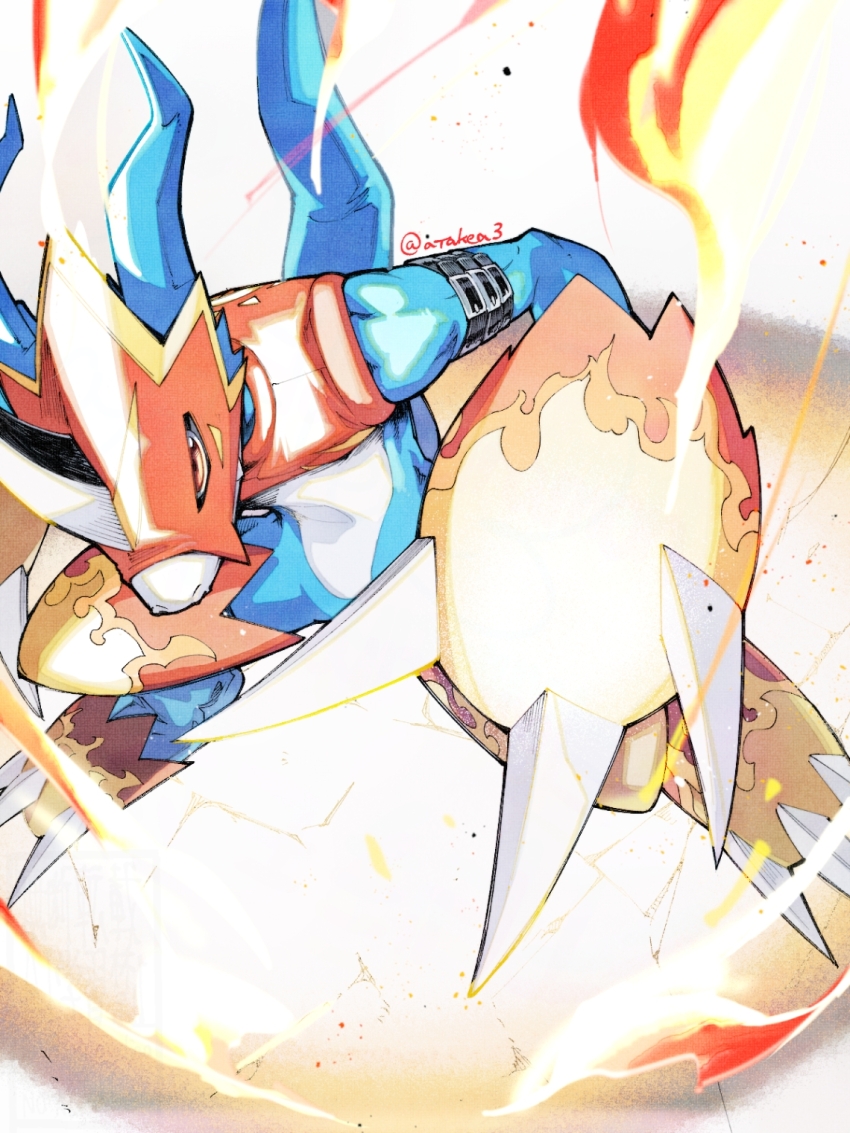 armor blue_skin colored_skin digimon digimon_(creature) fire fladramon from_above highres horns looking_at_viewer red_armor red_eyes single_horn solo takeuchi_(a3) twitter_username