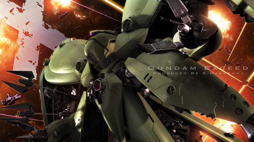 arm_cannon battle beam_cannon cable claws destruction earth_federation_space_forces energy_beam english_text fake_screenshot glowing glowing_eye gundam gundam_0083 highres machinery mecha mecha_focus mobile_armor neue_ziel no_humans one-eyed purple_eyes realistic robot s.hasegawa salamis_class science_fiction solar_panel space_habitat spacecraft weapon when_you_see_it zeon zero_gravity