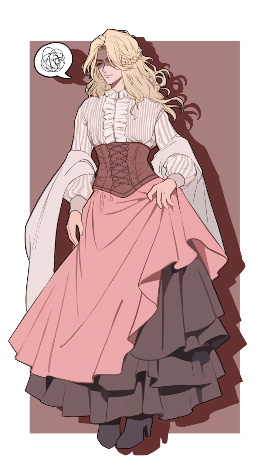 1boy absurdres black_footwear blonde_hair blouse border braid brown_skirt chengya_huanwo chinese_commentary clothes_lift collar commentary crossdressing curtained_hair eyes_in_shadow forehead frilled_collar frills full_body girdle green_eyes high_heels highres layered_skirt lies_of_p long_hair male_focus outside_border parted_bangs pink_background pink_skirt romeo_(lies_of_p) shadow shirt side_braid skirt skirt_lift solo speech_bubble spoken_squiggle squiggle white_border white_shirt