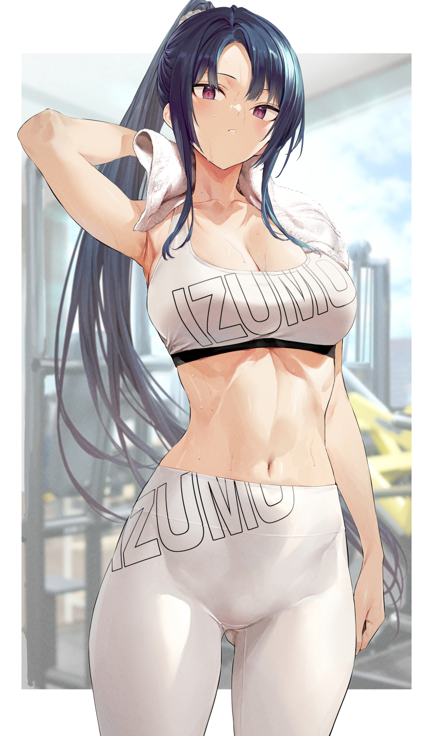1girl absurdres arm_at_side arm_up armpits bare_arms black_hair blue_sky blurry blurry_background border breasts cleavage cloud collarbone commentary_request cowboy_shot gluteal_fold high-waist_pants highres hiiragi_yuuichi holding holding_towel large_breasts linea_alba long_hair looking_at_viewer navel original pants parted_bangs parted_lips ponytail red_eyes sidelocks sky solo sports_bra sportswear stomach sweat text_print towel towel_around_neck white_border white_pants white_sports_bra wiping yoga_pants