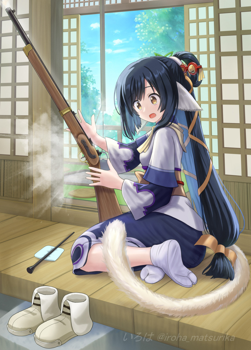 1girl absurdres animal_ears bell black_dress black_hair blue_hair blue_sky breasts brown_eyes brown_ribbon brown_shoes cloud commission day dress explosion gun hair_bun hair_ribbon highres holding holding_gun holding_weapon iroha_(iroha_matsurika) jingle_bell kuon_(utawarerumono) layered_sleeves long_hair long_sleeves multicolored_hair obi open_mouth outdoors pixiv_commission ribbon sash shoes short_over_long_sleeves short_sleeves sky small_breasts soles solo surprised tabi tail two-tone_hair unworn_shoes utawarerumono utawarerumono:_itsuwari_no_kamen very_long_hair weapon weapon_request wide_sleeves