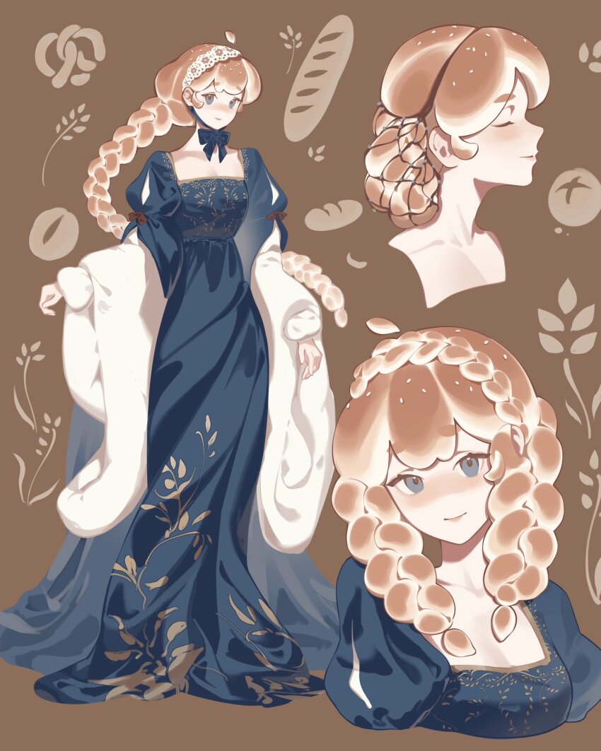 1girl blue_bow blue_bowtie blue_dress blue_eyes bow bowtie braid braided_sidelocks breasts closed_eyes commentary crown_braid dress english_commentary facing_to_the_side floral_print floral_print_dress food food-themed_hair full_body highres long_hair looking_at_viewer multiple_views mumechi original pretzel print_dress profile square_neckline upper_body