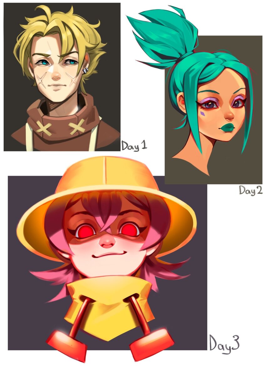 1boy 2girls blonde_hair blue_eyes border cerebella_(skullgirls) drawstring ear_piercing eyeshadow glowing glowing_eyes green_hair green_lips grey_background hat highres leduc_(skullgirls) lipstick looking_at_viewer looking_to_the_side luxey_san makeup multiple_girls piercing pink_hair ponytail portrait purple_eyes raincoat red_eyes scar scar_on_face skullgirls smile umbrella_(skullgirls) white_border