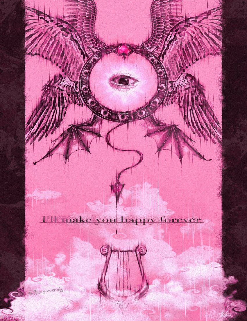 1girl angel_wings berrylavend3r biblically_accurate_angel cookie_run cookie_run:_kingdom demon_tail eternal_sugar_cookie extra_eyes feathered_wings harp highres instrument looking_at_viewer multiple_wings tail wings