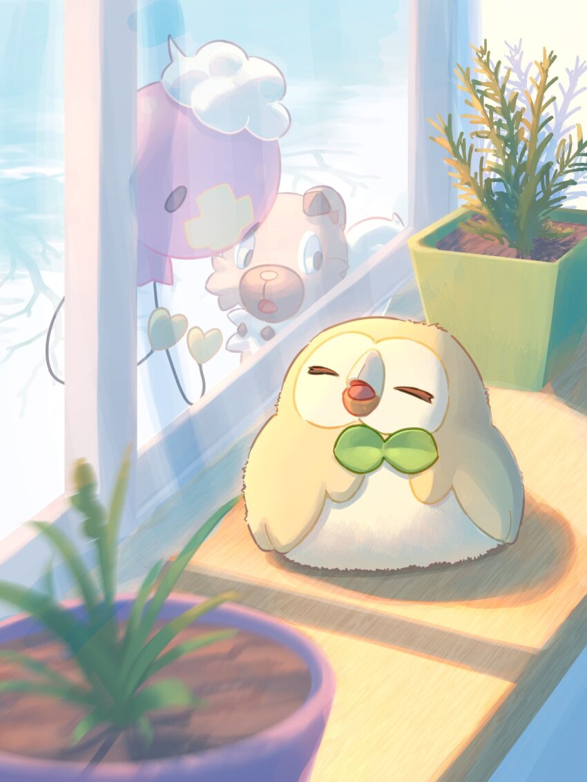 bird closed_eyes commentary_request day drifloon gen_4_pokemon gen_7_pokemon highres indoors mokukitusui nintendo no_humans open_mouth owl plant pokemon pokemon_(creature) potted_plant rockruff rowlet window